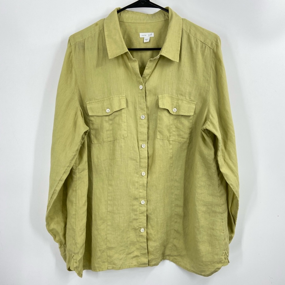 J. Jill Love Linen Blouse Button Down Casual Long Sleeve Large Green